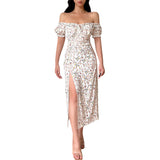 Bohemian Floral Bosom Long Dress French High-Waisted Fork-Repair Temperament Shoulder
