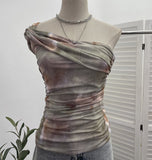 Yarn Printed Slanted Shoulder Sling Vest Retro Design Folding Temperament Short Blouse