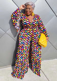 Printed Formal V-neck Full Sleeves Belted Loose Plus Size