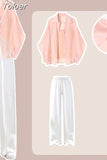 Pink Chiffon Shirt Strap Tank Top Wide Leg Pants Three Piece Elegant Women's Pants Set Casual Outfits Summer