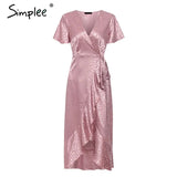 Party Leopard print party dress Sexy V-neck short sleeves dots wrap dress Women elegant split lace ruffled belt long