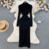 Winter Turtleneck Knitted Dress Long Sleeve Elastic Waist Slim Autumn Dress 2022 Women Solid Split Sweater Long