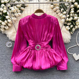 French-Style Waist-Low-Down Shirt Female Careful Machine Strap Design With A Chic Folded Lotus Leaves Hem French