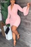 Fashion Women's Bodycon Party Dress Classic Nothced Collar Ruffle Long Sleeve Dresses Simple Button Decoretion