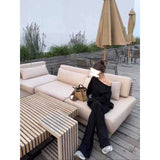 New Fashion Black Long-Sleeved T-Shirt Blouse Simple Sister Temperament Trousers Two