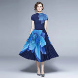 Fashion Women Skirt Suit 2022 Summer Printed Short Sleeve Stretch Pullover Top + High Waist Pleated Midi Skirt Two-Piece