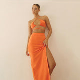 Out Bandage Sexy Top and Skirts Set Two Piece Set Halter Neck Gathered Elegant Club 2022 Summer Outfits Split Dress