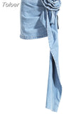 Fashion Women's Skirt High Waist Three-dimensional Rose Flower Asymmetric Blue Denim Short Skirts Summer 2023 New