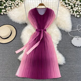 Spring Autumn Women Gradient Red/Green/Purple Pleated Midi Dress Female Vintage O-Neck High Waist Draped Loose Vestidos New