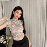 Toloer Girls Dizzy Dye Short Top 2024 Summer New Women's Design Sense Temperament Slim Half High Collar Short-Sleeved
