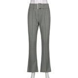 White Striped Y2K Joggers Women Low Waist Streetwear Flare Pants With Sashes Vintage 90s Aesthetic Gray Girl