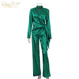 Balck Casual Satin Women Sets Autumn Long Sleeve Blazers With Wide Leg Pants Set Elegant Lace-Up 2 Piece Trousers