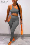 Color Fitness 2 Piece Workout Sets 2023 Woman One Shoulder Sleeveless Tank Crop Top and Side Cut Out Skinny Legging
