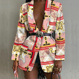 Sexy Print Colorblock Blazers For Women Notched Collar Long Sleeve Straight Jackets Female Autumn Clothing 2023