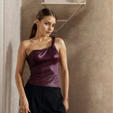 Toloer Women's New Solid Color Sleeveless Diagonal Collar Slim Sexy Twist Belt One-Shoulder Top-Outfit