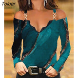 Women Cold Shoulder Blouse Fashion Floral Print Colorblock Lace Trim Beaded Top Casual Elegant Long Sleeve T-Shirt