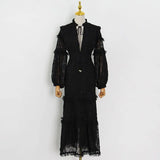 Vintage Cut Out Women's Dresses Stand Collar Long Sleeve High Waist Solid Maxi Dress Female 2021 Summer New