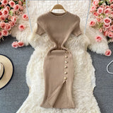 Version Of The Solid Color Collar Buckle Body Short Sleeve Elastic Knitted Forked And Left-Sleeved Dress