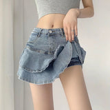 Sexy Ruffle Mini Skirt Denim Women Summer Vintage Cute High Waist Patchwork A-line Short Jeans Skirt Gyaru