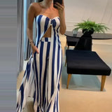 2025 New Fashion Stripe Sexy Umbilked T-Shirt Trouser Dress Suit