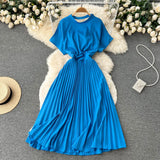 Summer Women Pleated Dress Vintage Round Neck Hollow Out Short Sleeve High Waist Casual Vestidos Elegant Draped Purple/Red