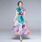 Fashion Women Skirt Suit 2022 Summer Printed Short Sleeve Stretch Pullover Top + High Waist Pleated Midi Skirt Two-Piece