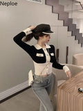 Cropped Cardigan Women Temperament Knitted Sweater Turn-down Collar Long Sleeve Sueter Mujer Contrast Color Coat
