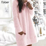 Plush Loose Women's Dress 2021 Autumn Fashion Long Sleeves Casual Round Neck Cotton-Blend White Mini Dresses For