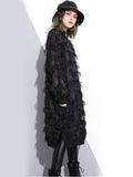 2023 New Spring Autumn Stand Collar Long Sleeve Perspective Black Loose Tassels Big Size Dress Women Fashion Tide