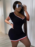 Causal V-neck Short Sleeves Contrast Knit Stripes Mini Bodycon