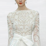 Summer Luxury Runway Fashion Round Neck Long Sleeve Lace Top+high Waist White Wide Leg Pants Set Party Women Two Piece