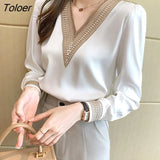 Embroidery V-Neck Chiffon Blouse Shirt Women Long Sleeve Loose White Women Blouses Tops Blusas Mujer De Moda 2023