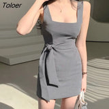 Women Simple Sleeveless Dress Solid Sheath Leisure Vintage Lace-up Korean Style Office Lady Elegant Daily All-match Slim