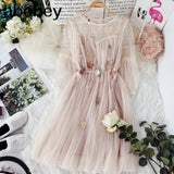 new women O-neck lantern sleeve gauze fairy puff dress female flower appliques elegant mesh princess