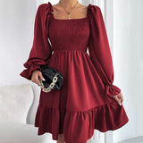 Celmia Elegant Women Ruffled Sundress 2022 Puff Long Sleeve Sexy Square Collar Mini Dress Casual Solid Pleated Party