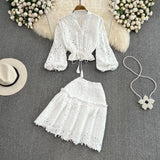 Temperament V-Neck Hollow Embroidered Lantern Sleeve Short Shirt Women Two Sets Hit High Waist Thin Word Half