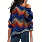 Women Blouses Off Shoulder Tops Striped Print Pullover Jumper Casual Knitted Top Long Sleeve Blouse Shirt Camiseta