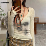 Korean Style Mesh Top Women Tie Dye Printed See Through T Shirt Sexy Slim Translucent Sheer Tops Grunge Tshirts