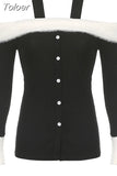 Feathers Collar Slash Neck Knitted Halter Top Black Single-breasted Korean Style Sexy T-shirt High Street Slim