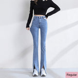 High-Stretch Women's Jeans Slit Hem Design Summer Korean Casual Streetwaear Apear Peach Hips Denim Pants Cotton HGood