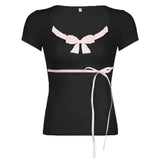 Lace Trim Bow Splice V Neck Long Sleeve Tee-Outfit