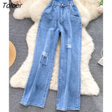 Hole Ripped Jeans Women Autumn High Waist Straight Long Pants Blue Casual High Street Tube Pants Denim Trousers