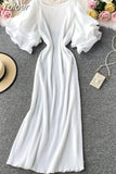 Korean Pleated Women Dress Flare Short Sleeve O-neck Causal Dresses 2023 Summer Long Robe Fashion Vestidos