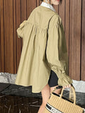 Fashion Women Shirt Spliced Lapel Flare Sleeves Loose Pearl Necklace Single Breasted Khaki Blouses Autumn 2023 New