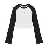 Grunge Patchwork Crop Top Vintage Ribbed Long Sleeve T-shirt Korean Fashion Sexy Slim Tee Shirt 90s Streetwear