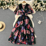 V-Neck Print Chiffon Dress Women's Waist Thin Temperament Lotus Leaf Side Short Sleeves To Close The First Love Fairy