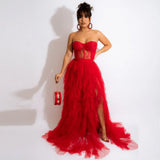 Elegant Sexy Evening Dresses 2022 Party Black Red See Through Lace Mesh Corset Maxi Dress Luxury Evening Gown