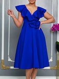 Women's V-Necked Leaf-Side Three-Dimensional Flower Dress Evening Dress Party