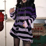 Grunge Striped Knitted Sweater Women Long Pullovers Loose Thin Punk Sweaters Jumpers Mujer Jersey Chic