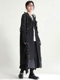 Women Black Organza Ruffles Long Trench New V-neck Long Sleeve Loose Fit Windbreaker Fashion Spring Autumn 2023